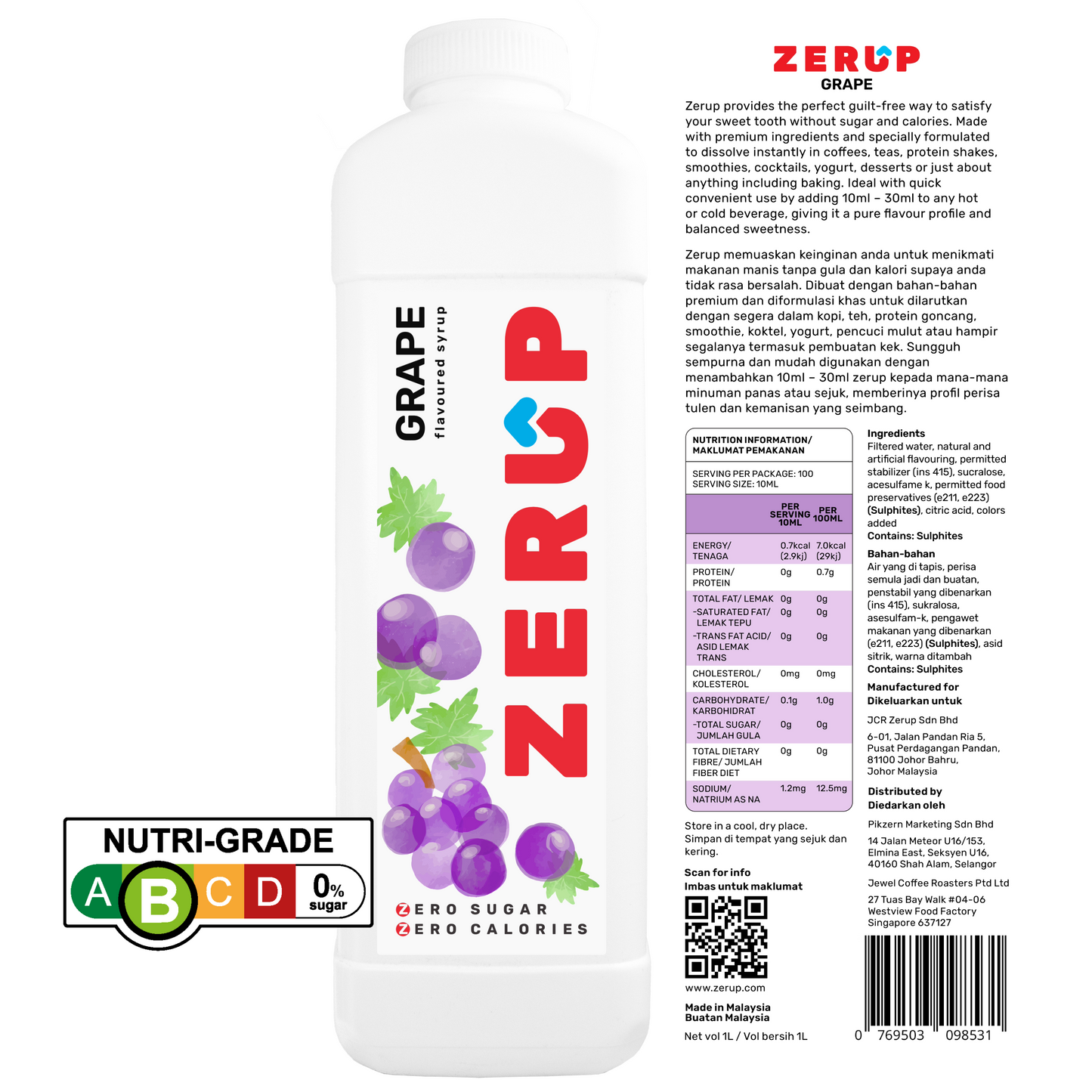 Zerup Zero Sugar Grape Syrup 1L