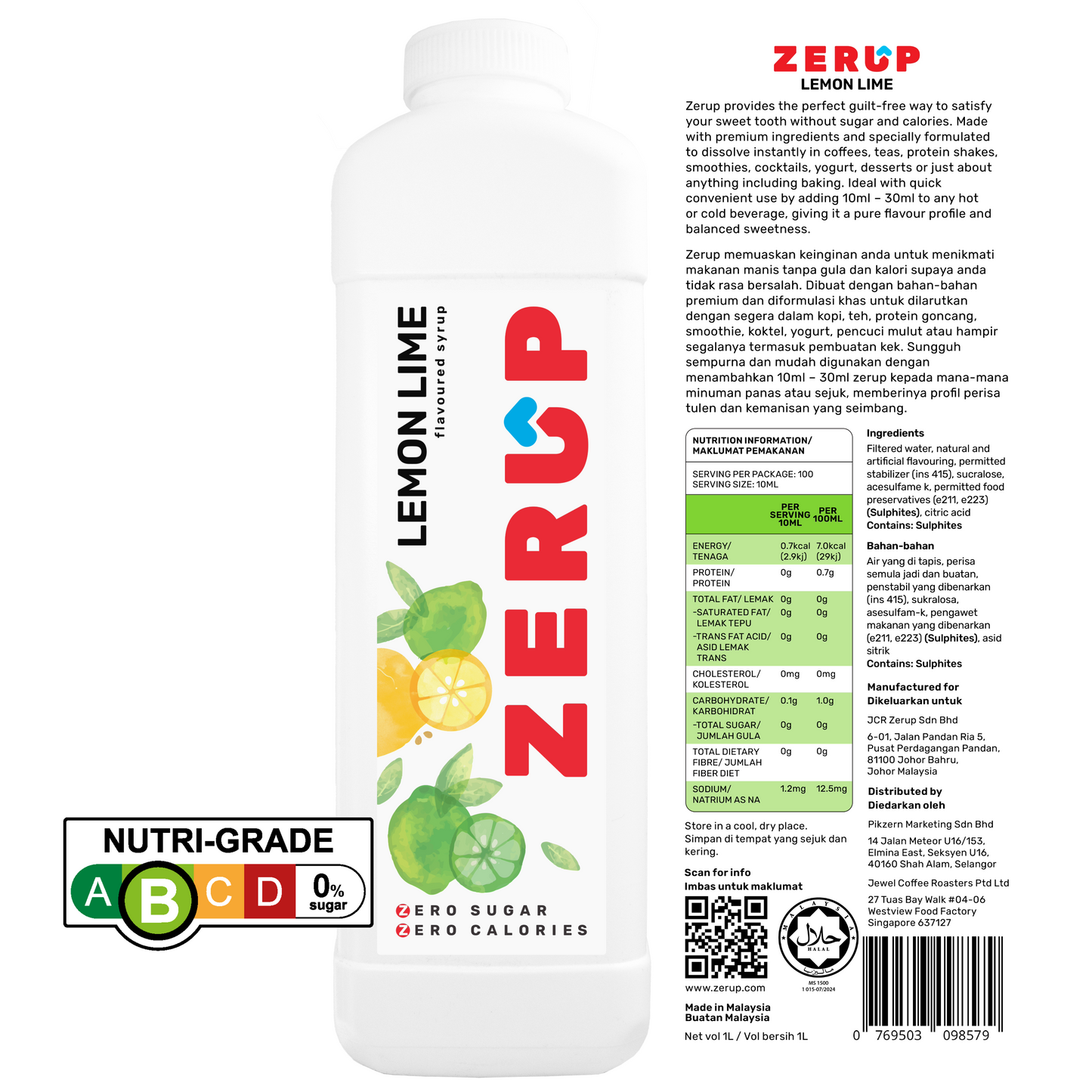 Zerup Zero Sugar Lemon Lime Syrup 1L x 6