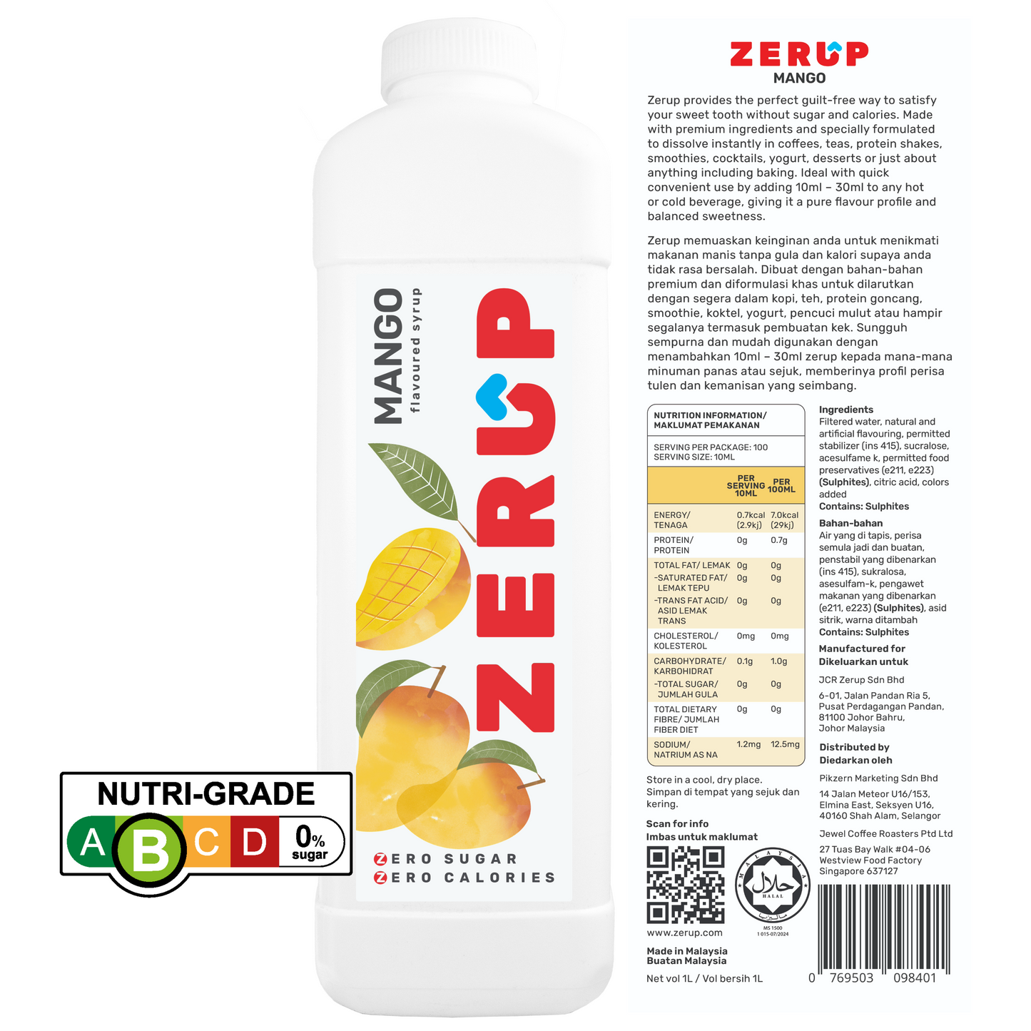Zerup Zero Sugar Mango Syrup 1L