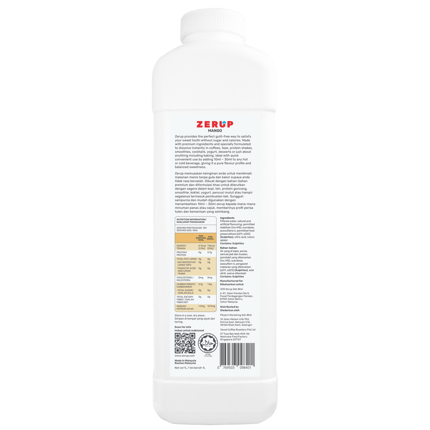 Zerup Zero Sugar Mango Syrup 1L