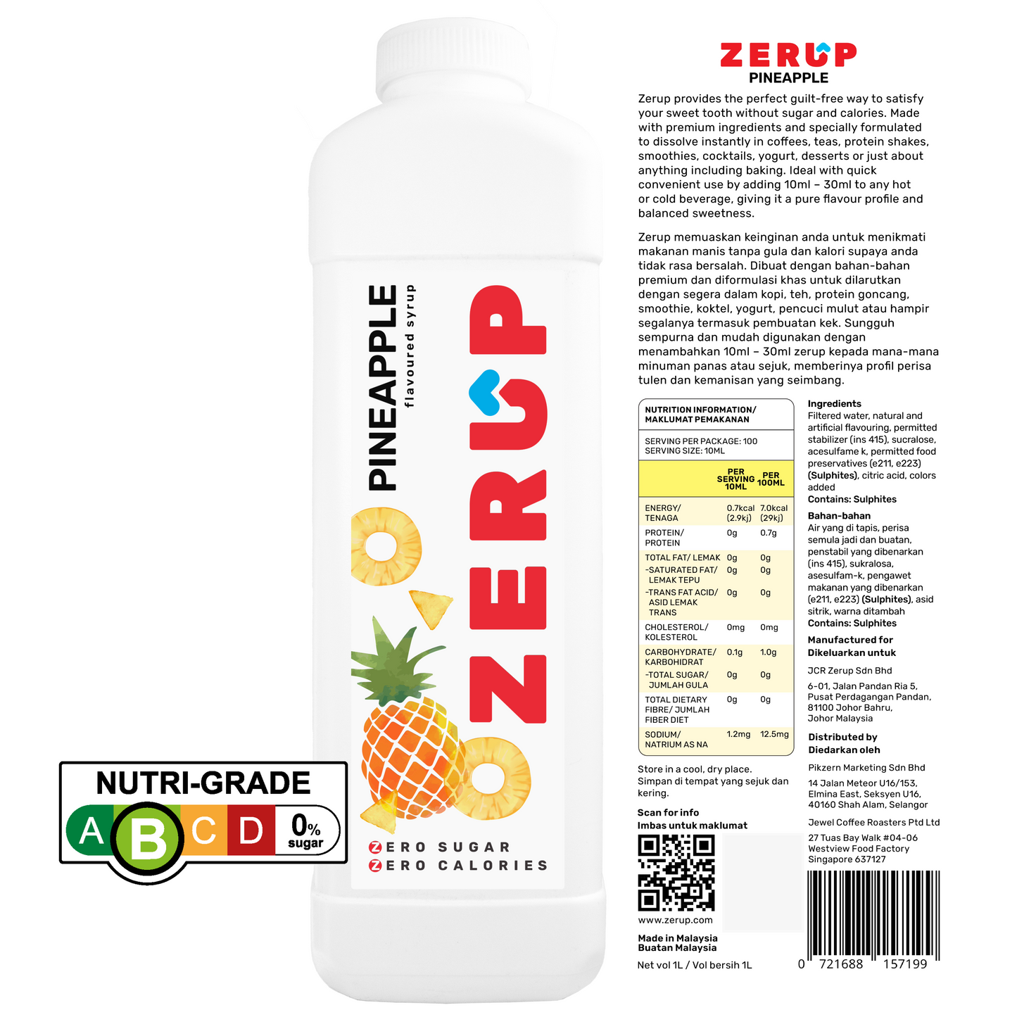 Zerup Zero Sugar Pineapple Syrup 1L