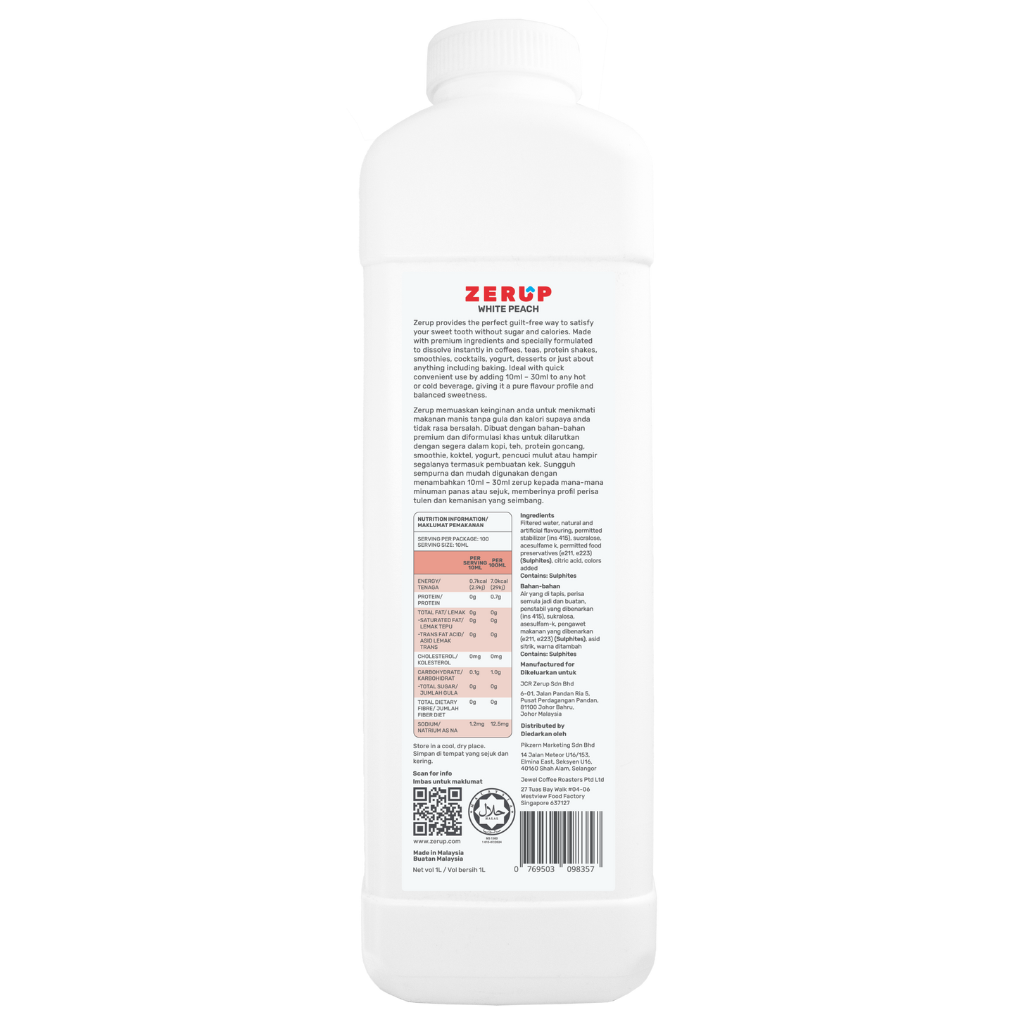 Zerup Zero Sugar White Peach Syrup 1L