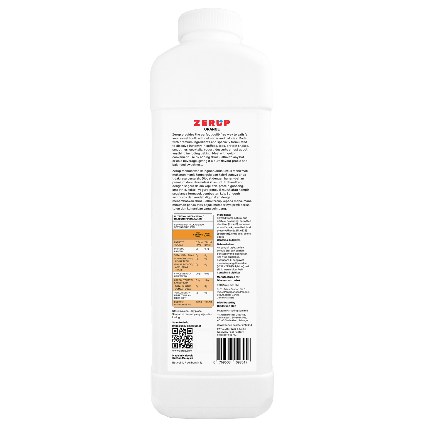 Zerup Zero Sugar Orange Syrup 1L