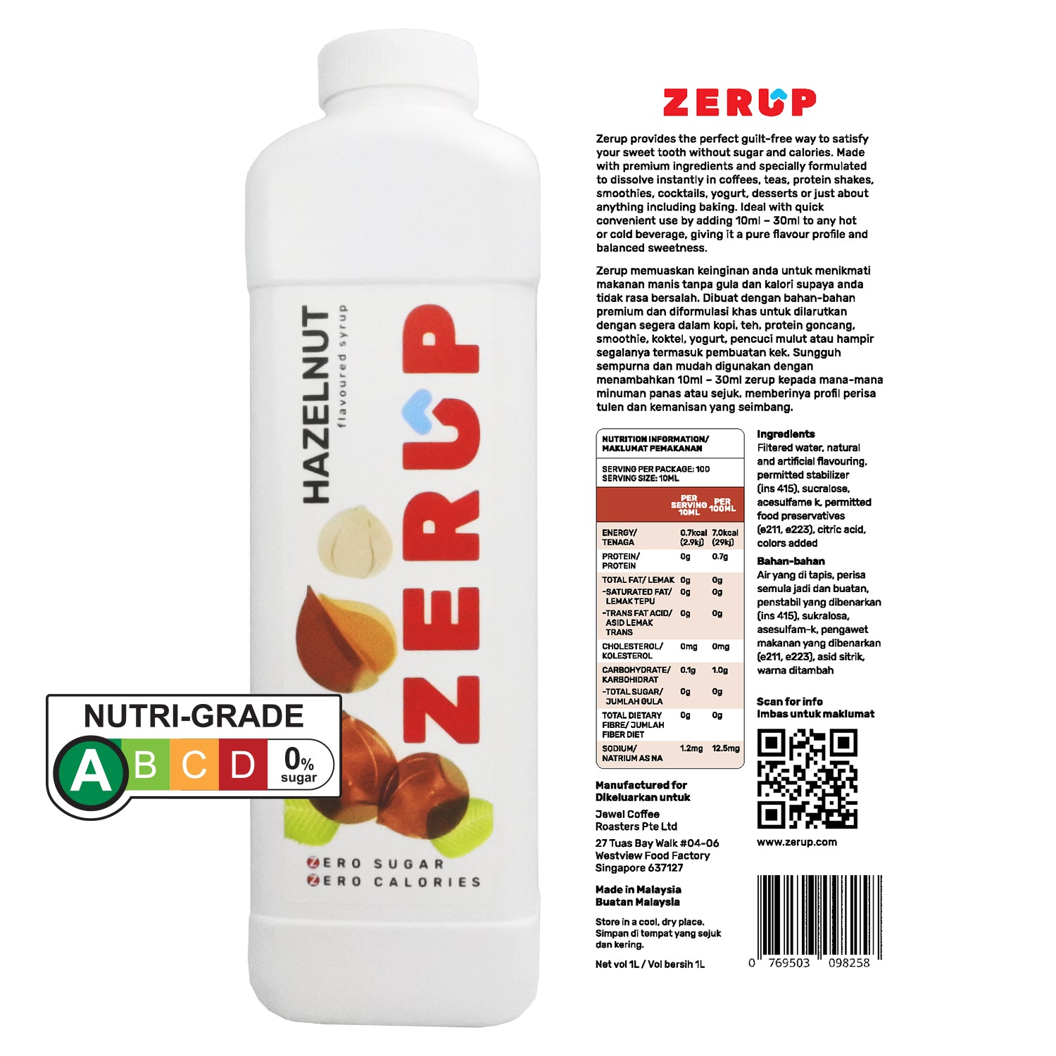 Zerup Zero Sugar Hazelnut Syrup 1L