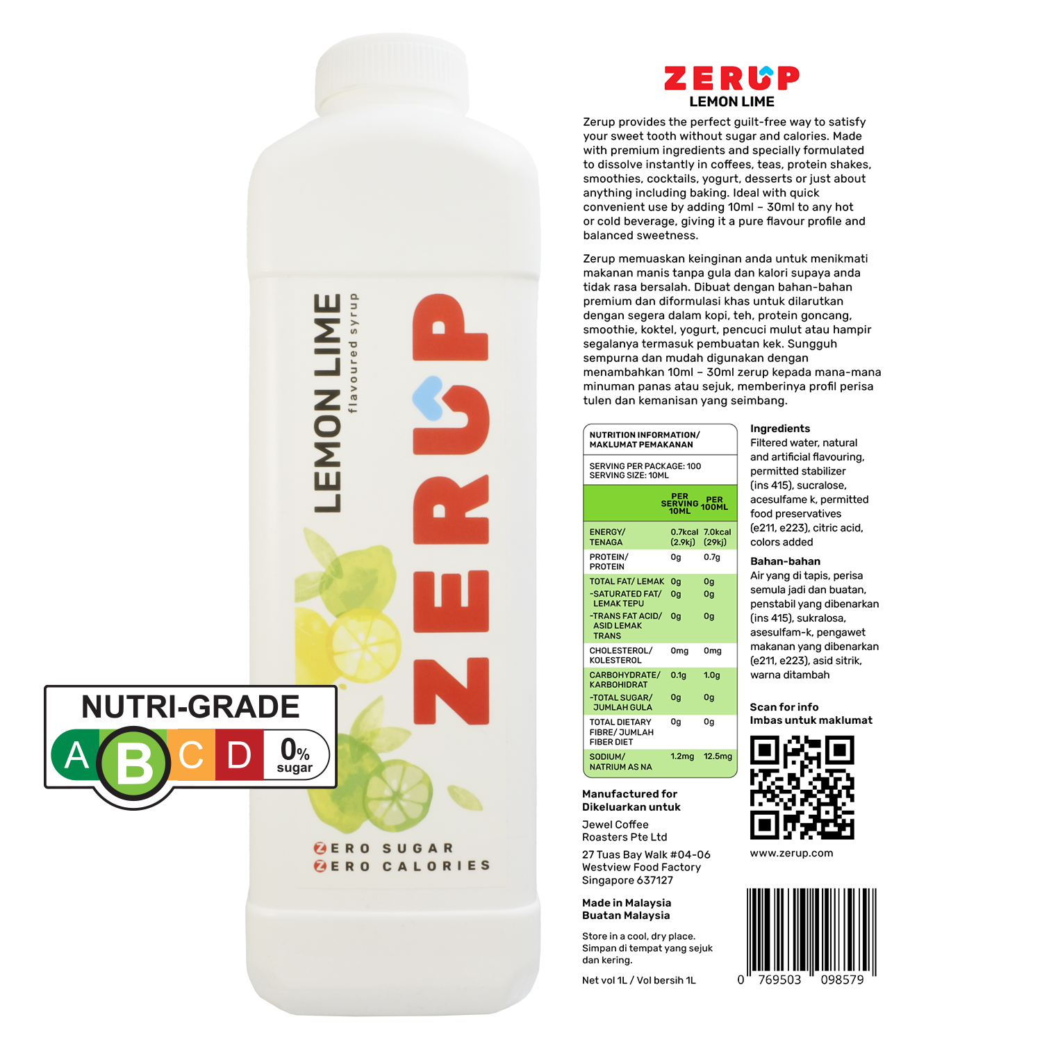 Zerup Zero Sugar Lemon Lime Syrup 1L