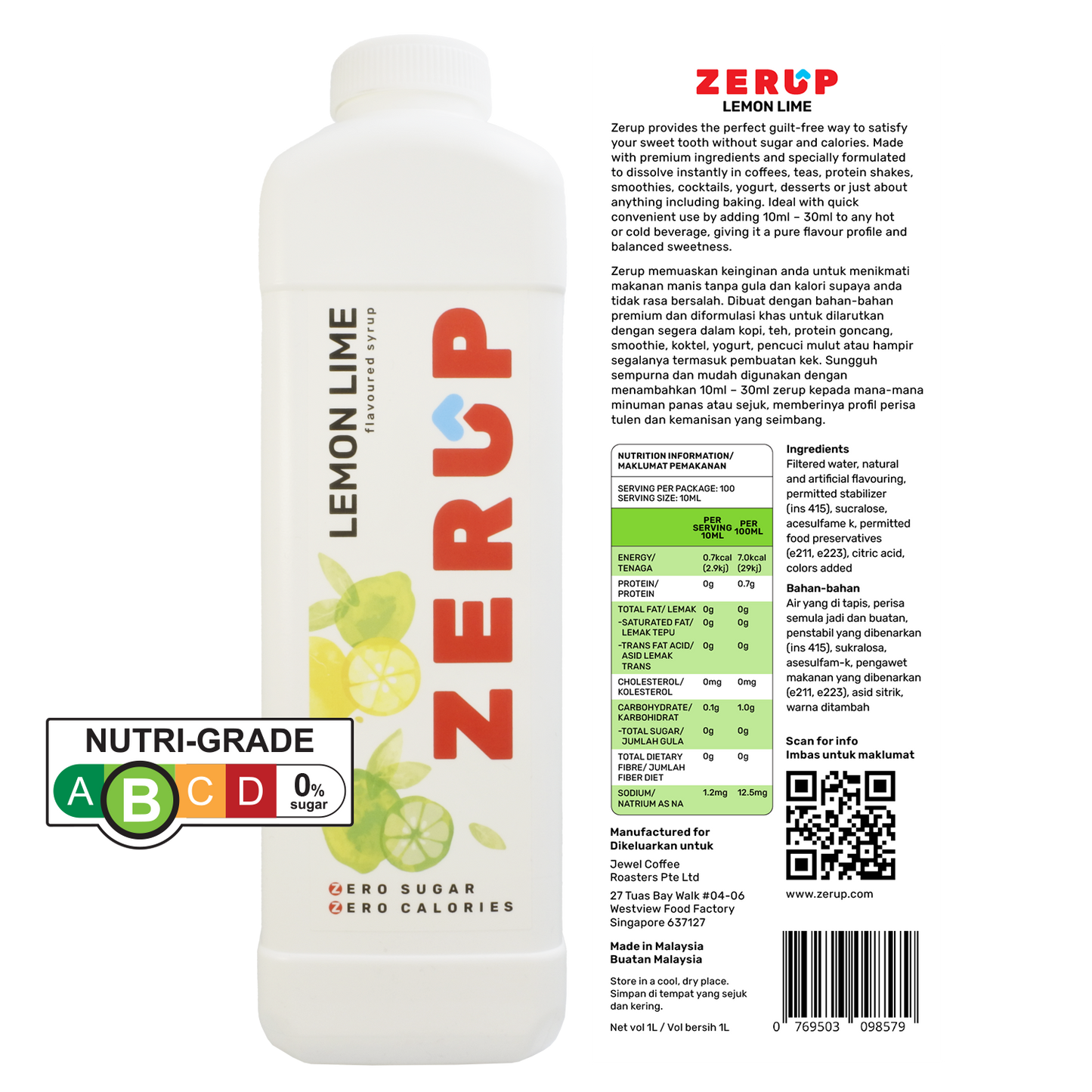 Zerup Zero Sugar Lemon Lime Syrup 1L x 6