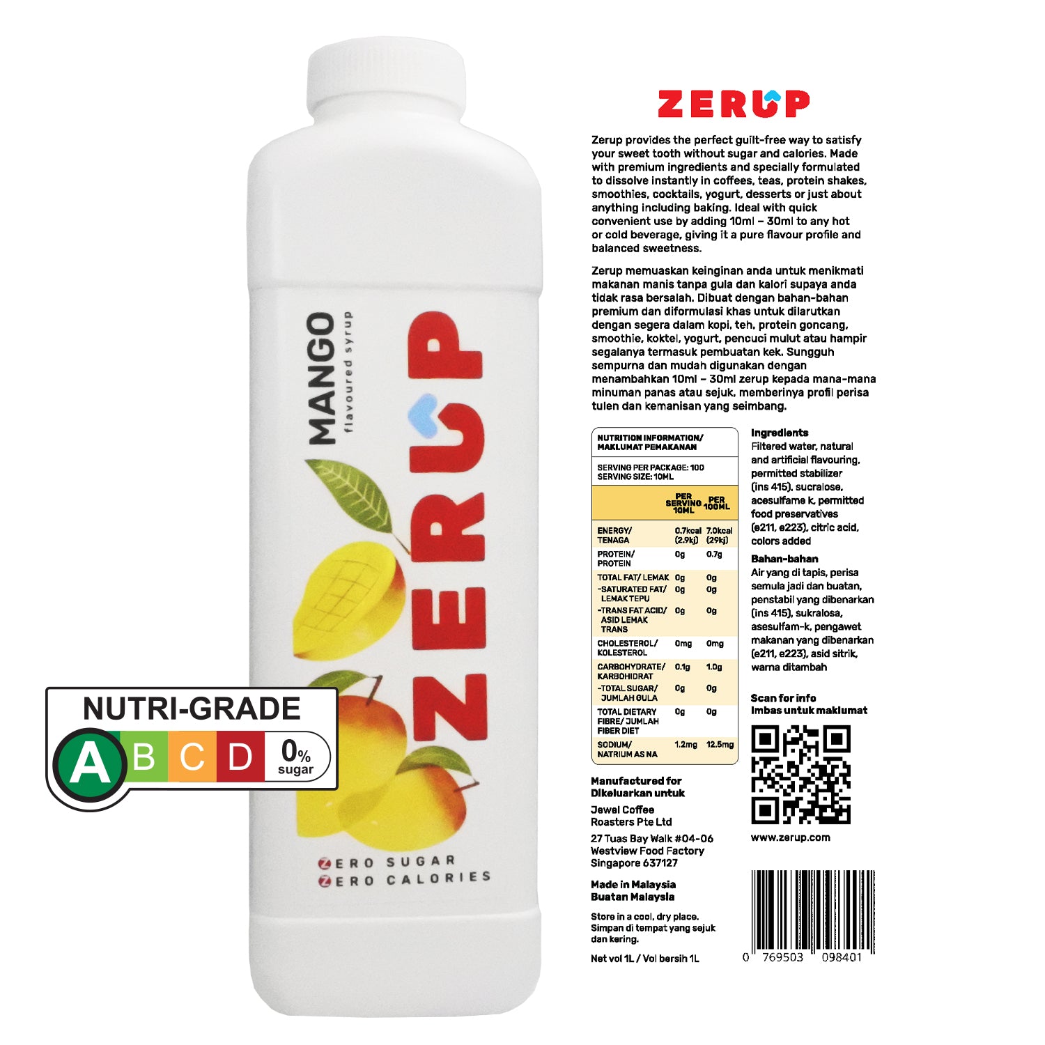 Zerup Zero Sugar Mango Syrup 1L