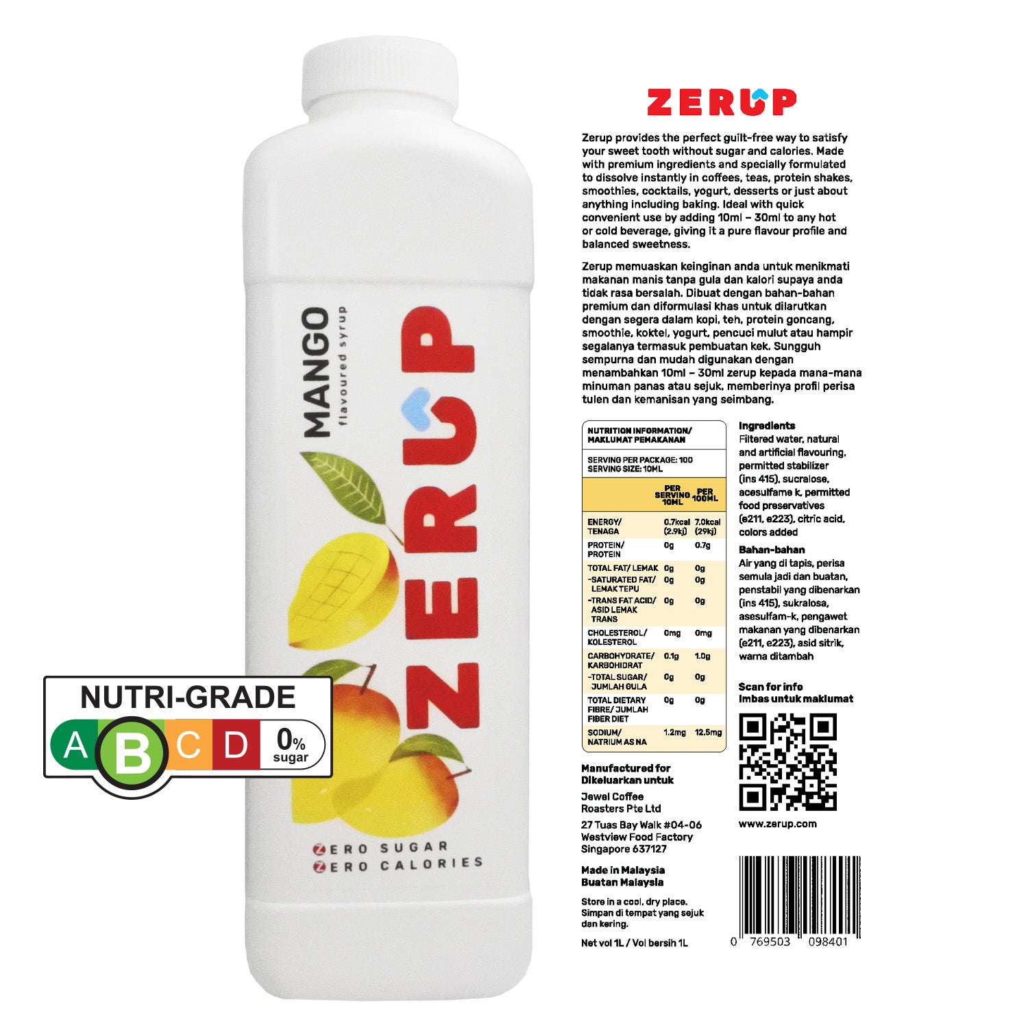 Zerup Zero Sugar Mango Syrup 1L