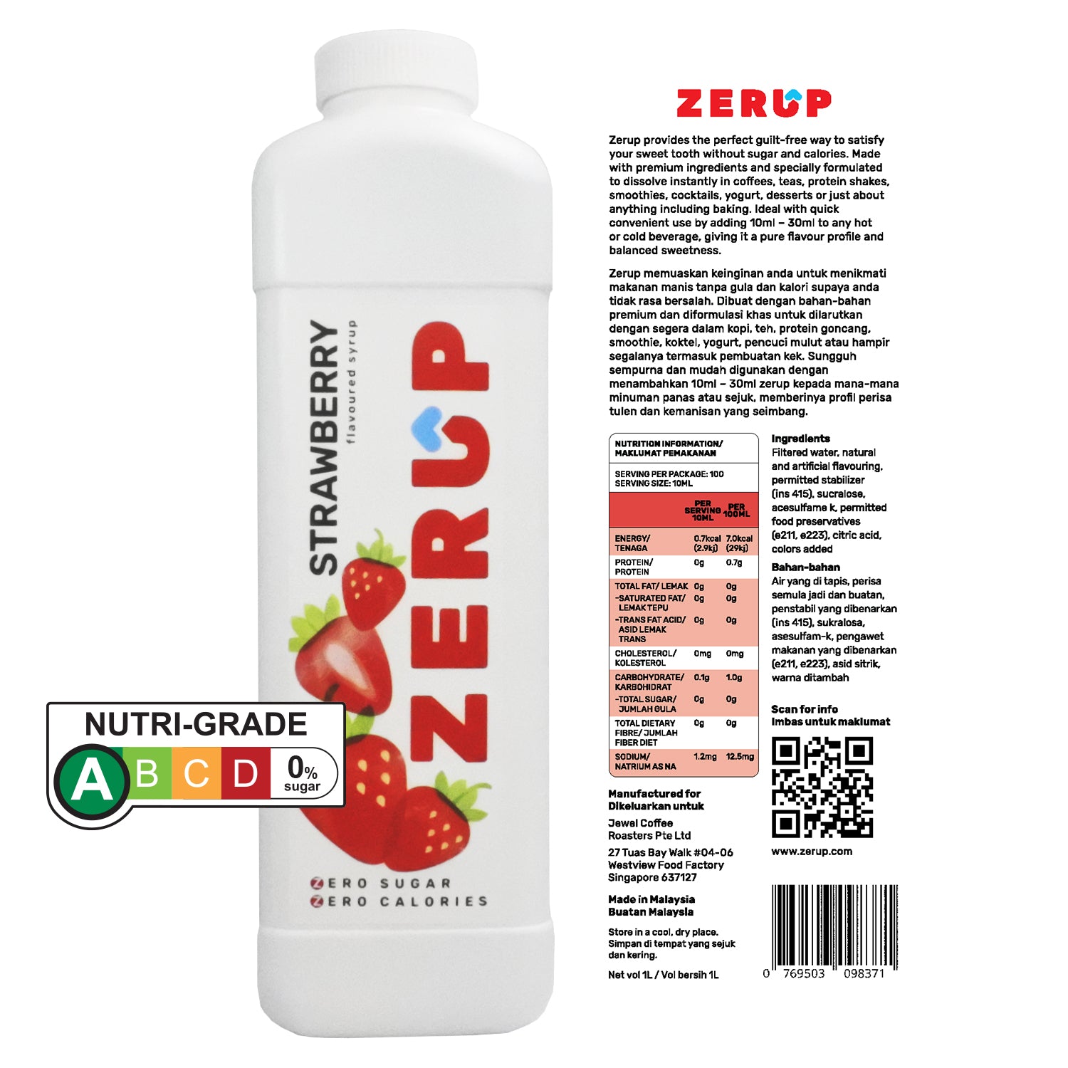 Zerup Zero Sugar Strawberry Syrup 1L
