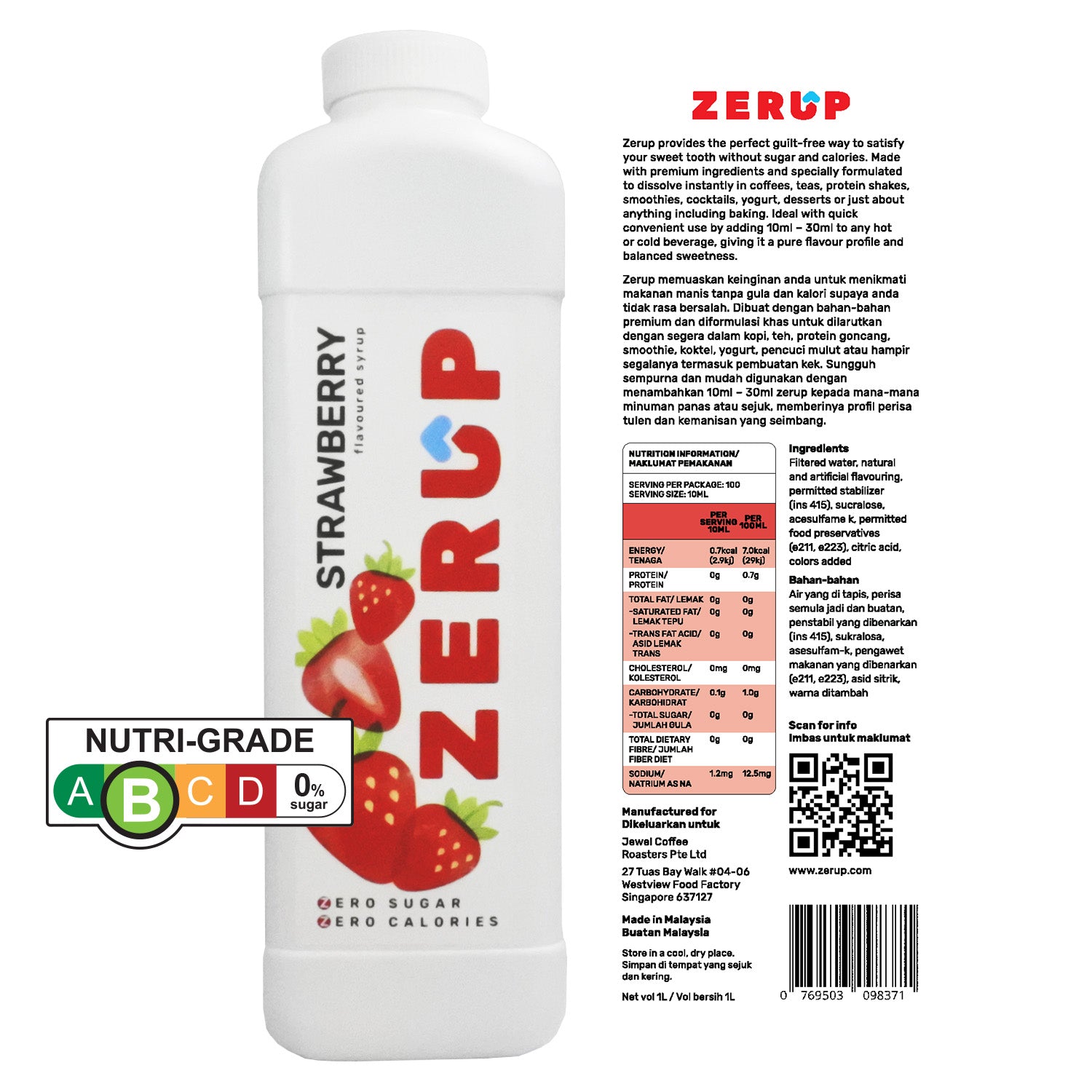 Zerup Zero Sugar Strawberry Syrup 1L