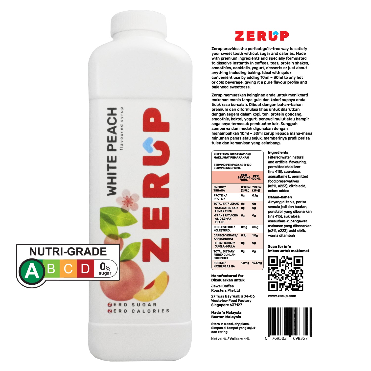 Zerup Zero Sugar White Peach Syrup 1L