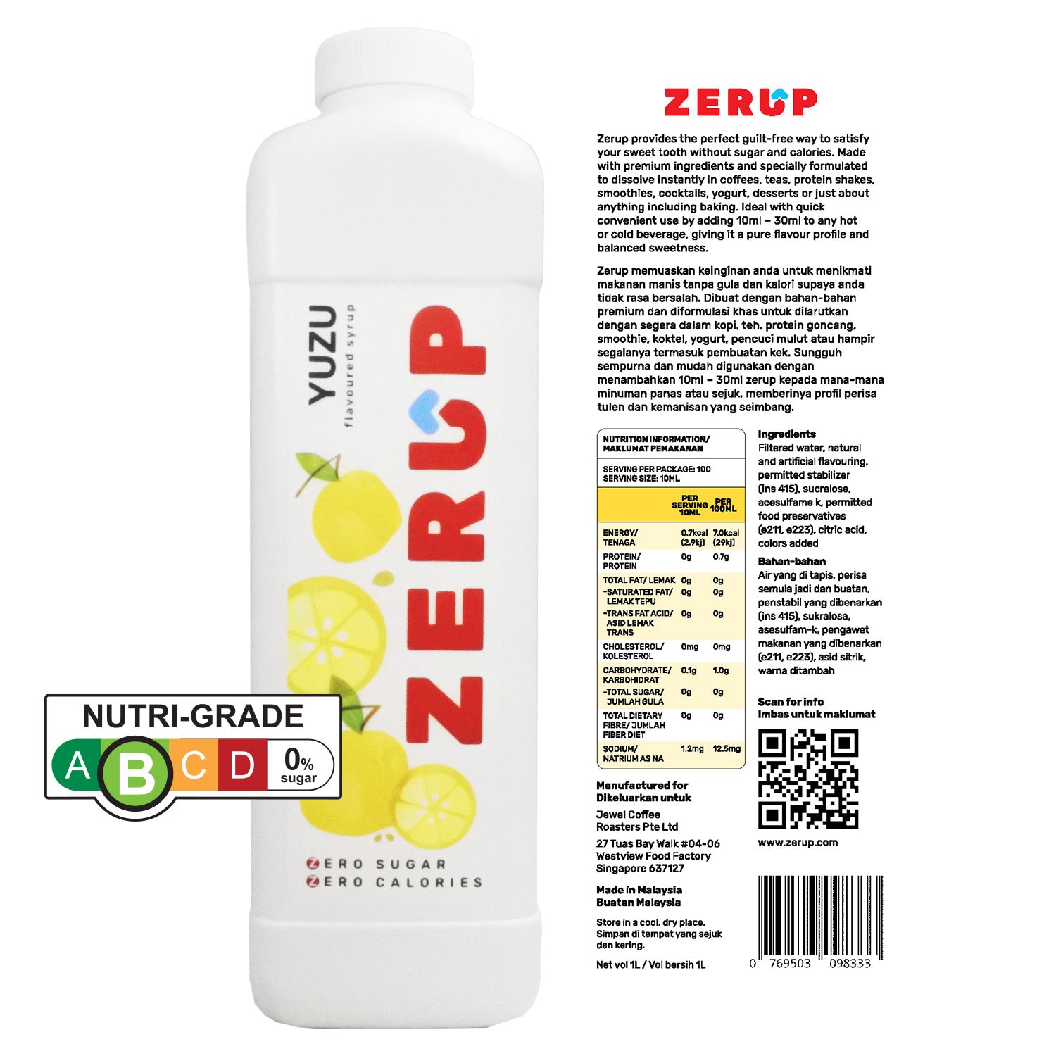 Zerup Zero Sugar Yuzu Syrup 1L x 6