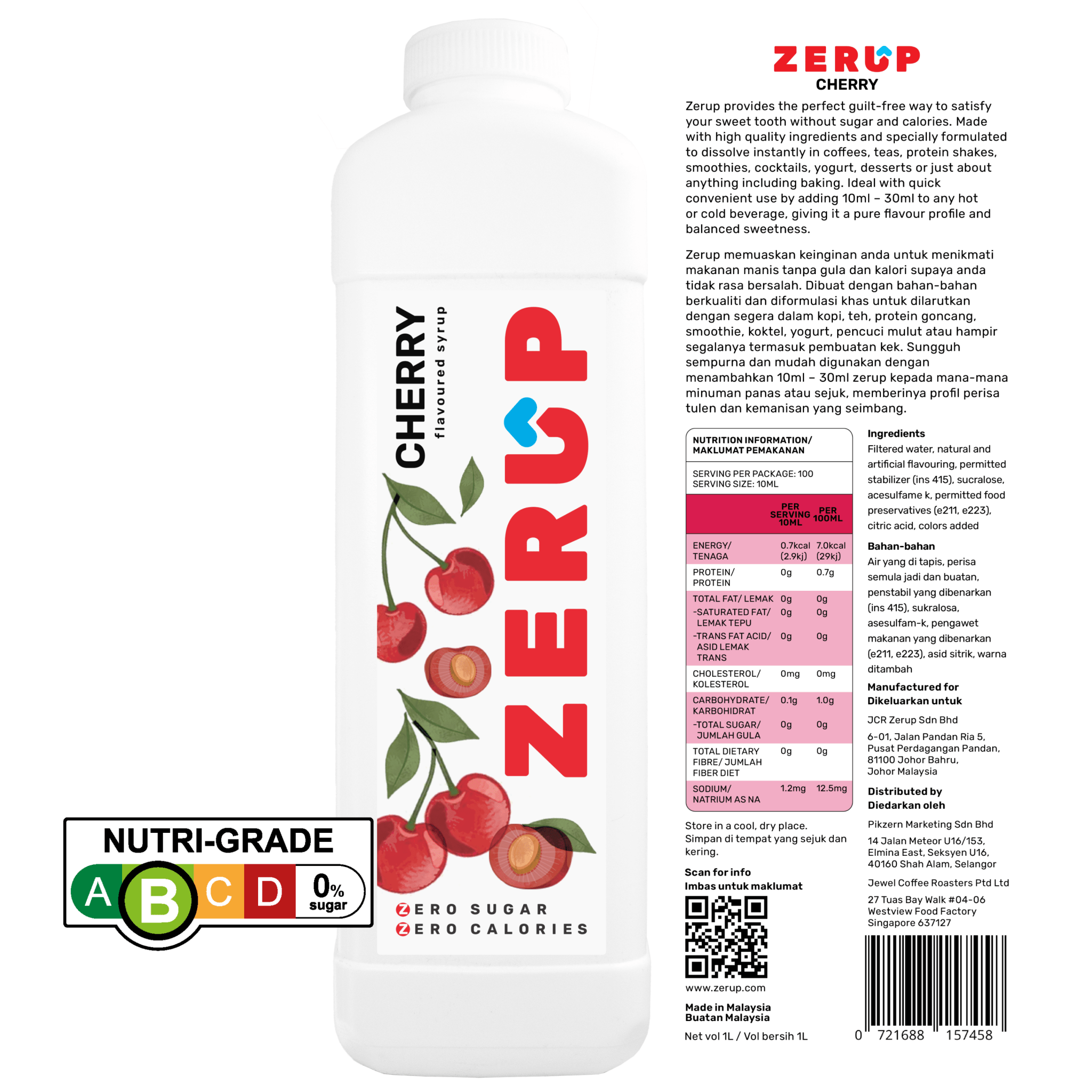 Zerup Zero Sugar Cherry Syrup 1L - zerup