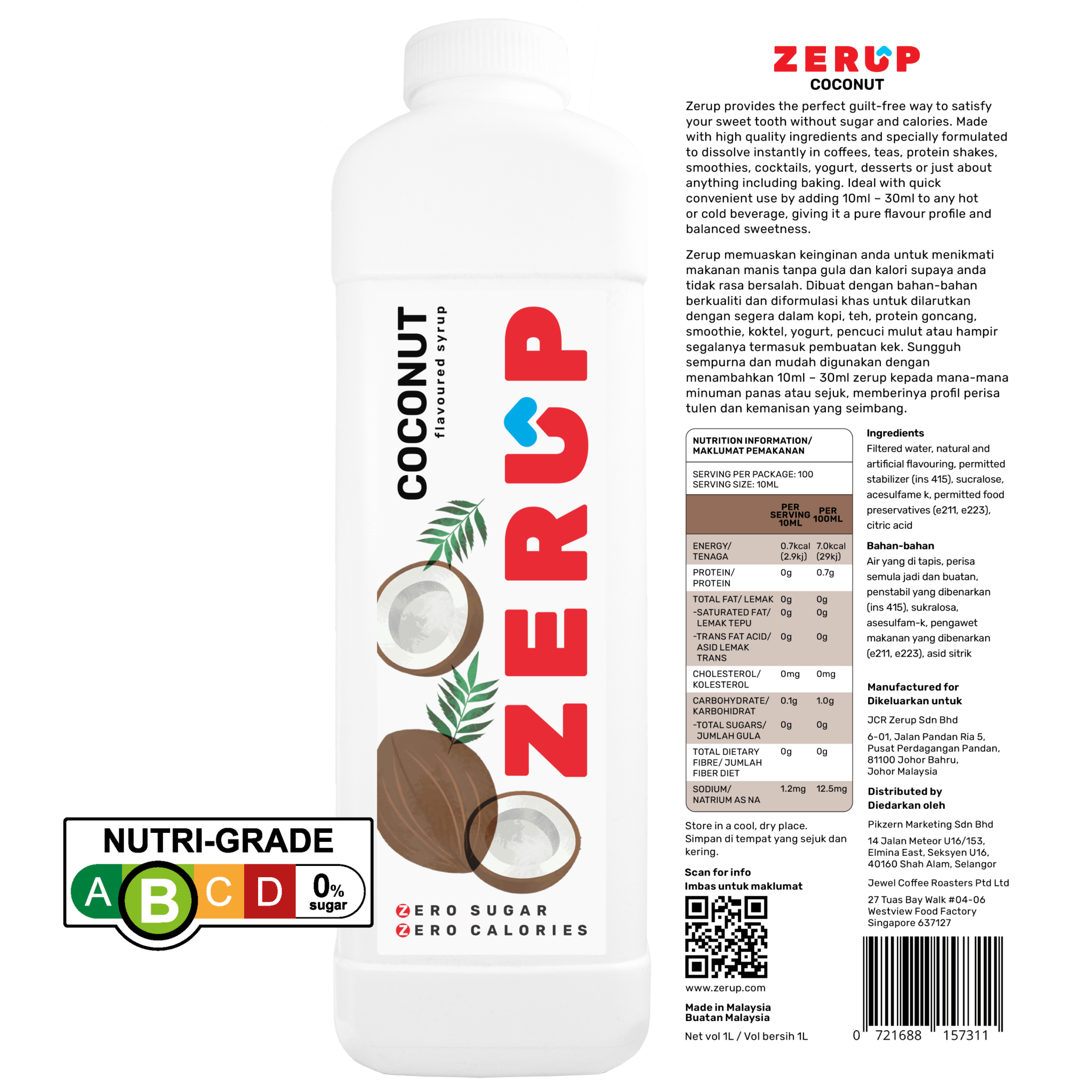 Zerup Zero Sugar Coconut Syrup 1L - zerup