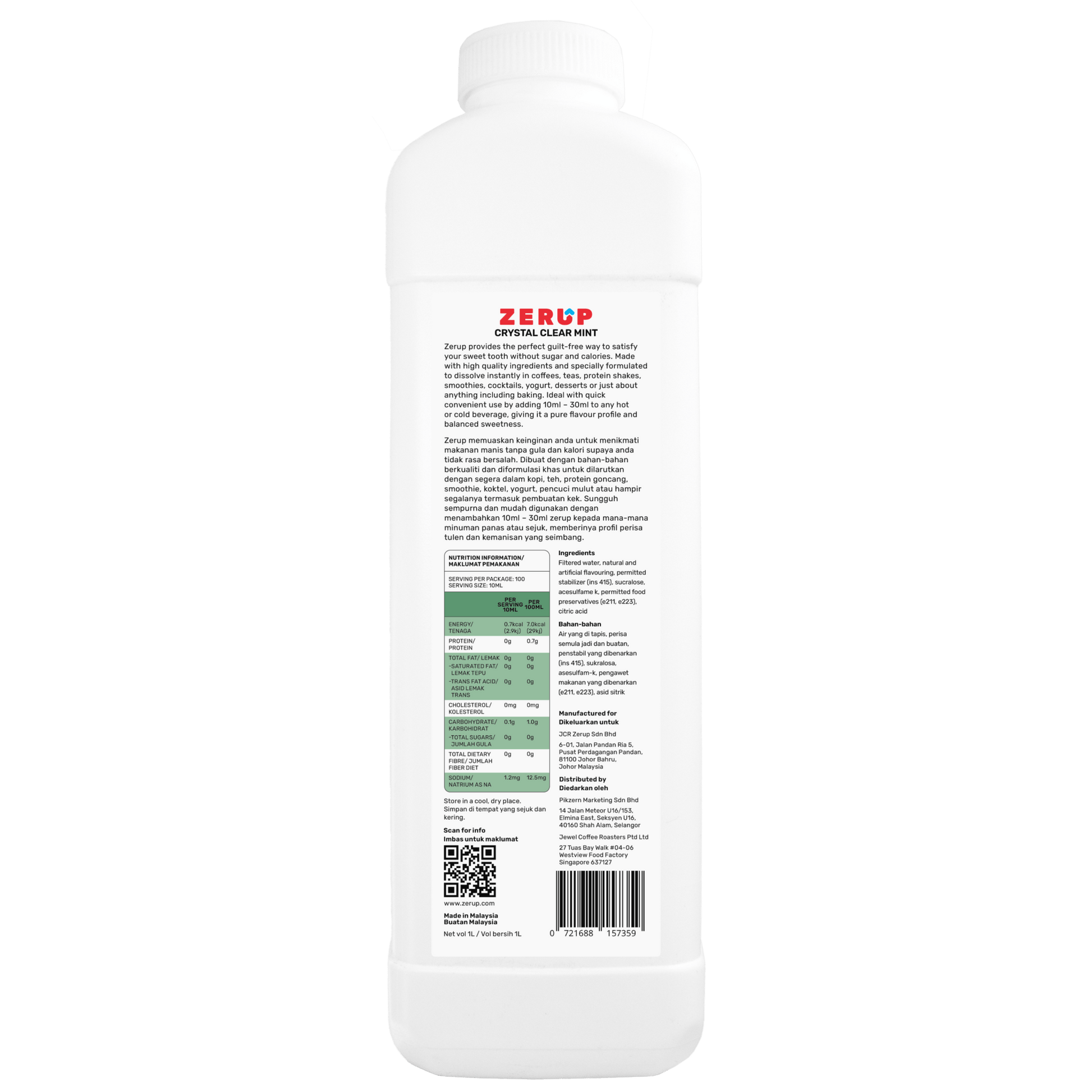 Zerup Zero Sugar Crystal Clear Mint Syrup 1L - zerup