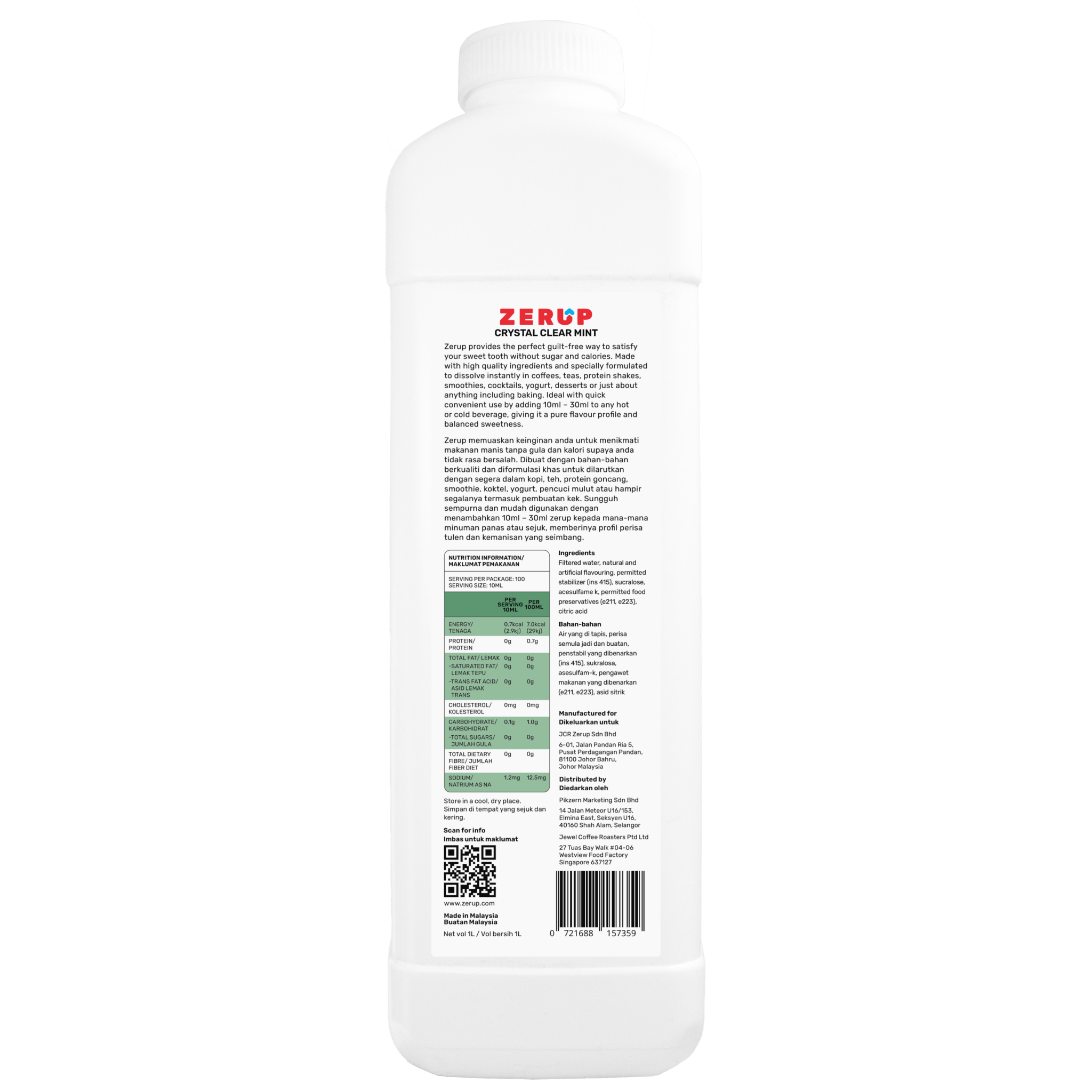 Zerup Zero Sugar Crystal Clear Mint Syrup 1L - zerup