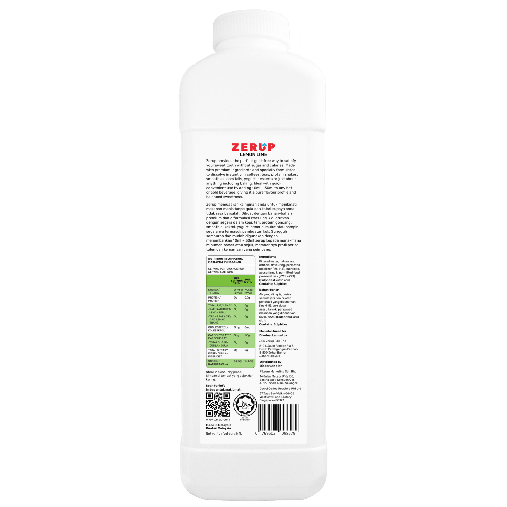 Zerup Zero Sugar Lemon Lime Syrup 1L - zerup