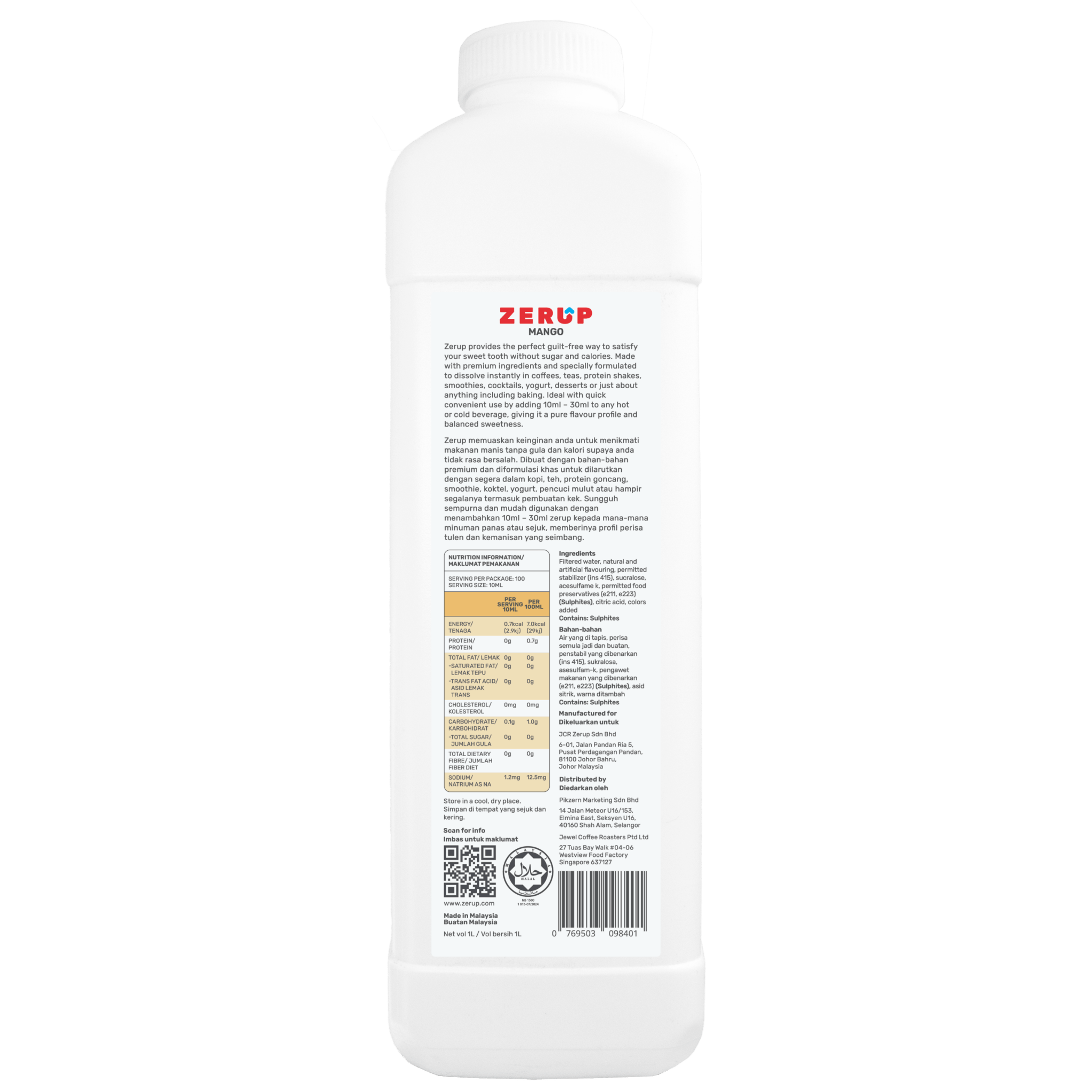 Zerup Zero Sugar Mango Syrup 1L - zerup