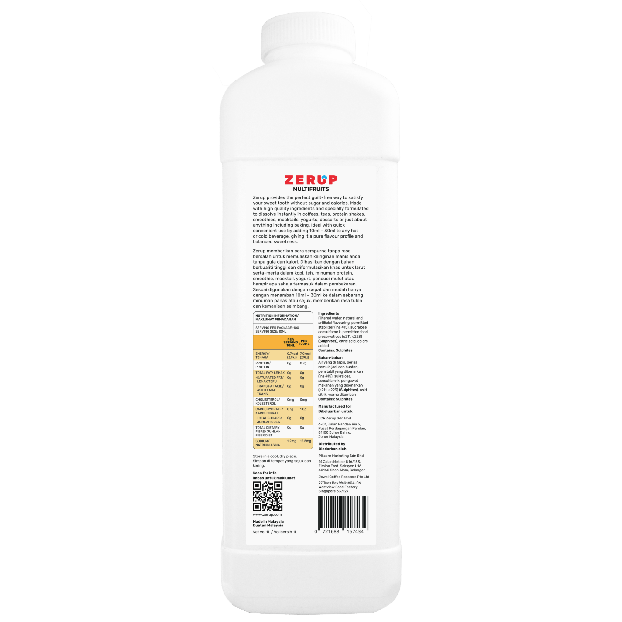 Zerup Zero Sugar Multifruits Syrup 1L - zerup