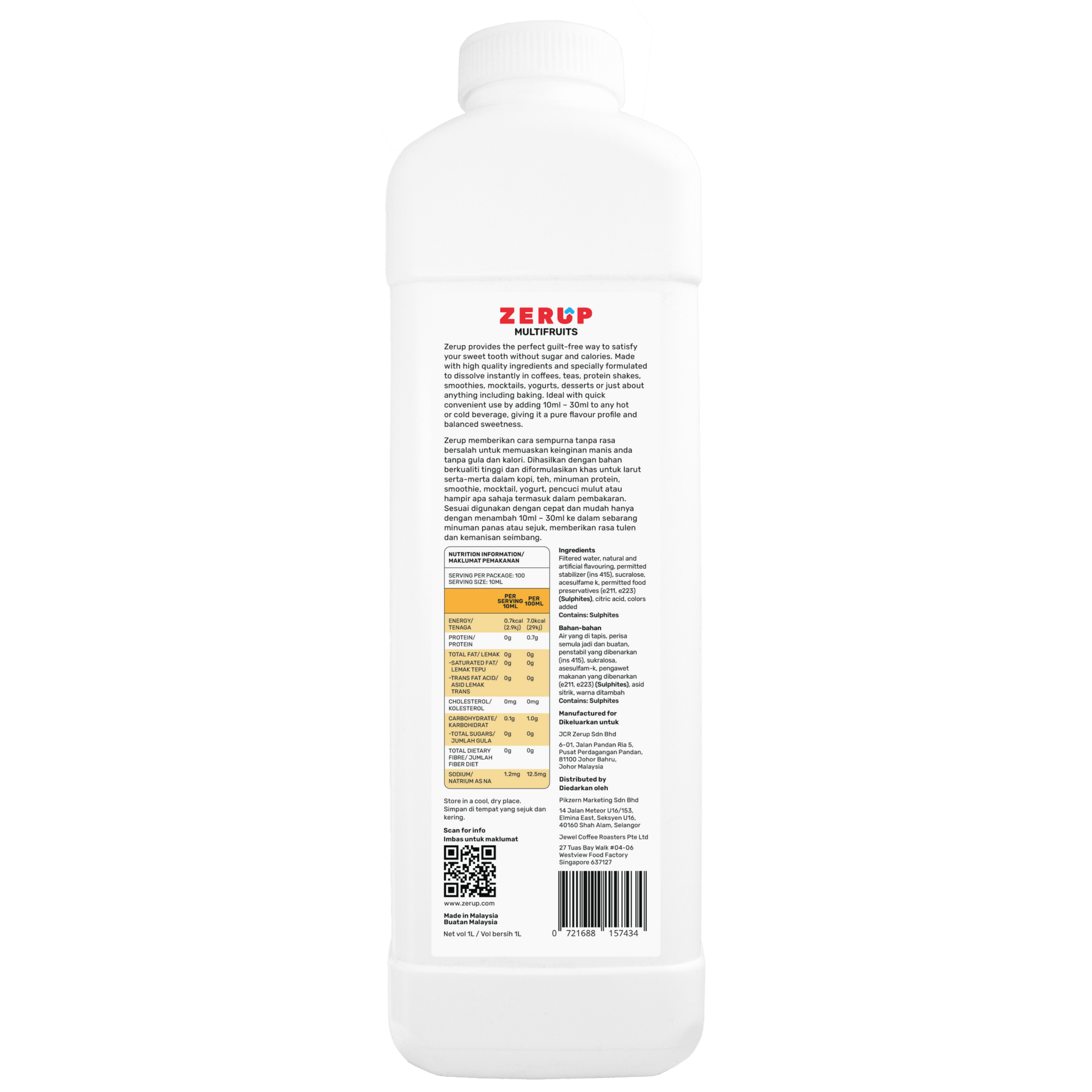 Zerup Zero Sugar Multifruits Syrup 1L - zerup