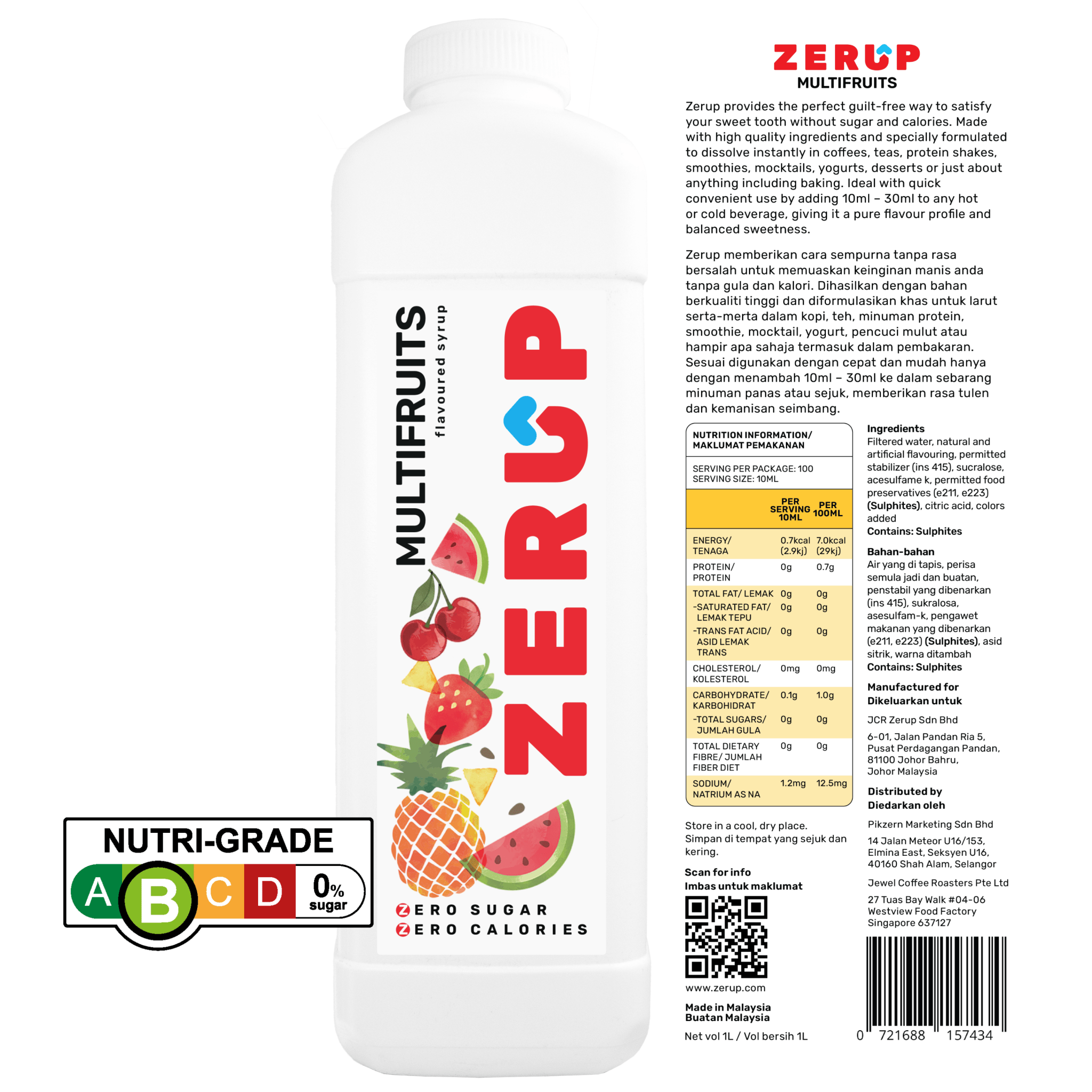 Zerup Zero Sugar Multifruits Syrup 1L - zerup