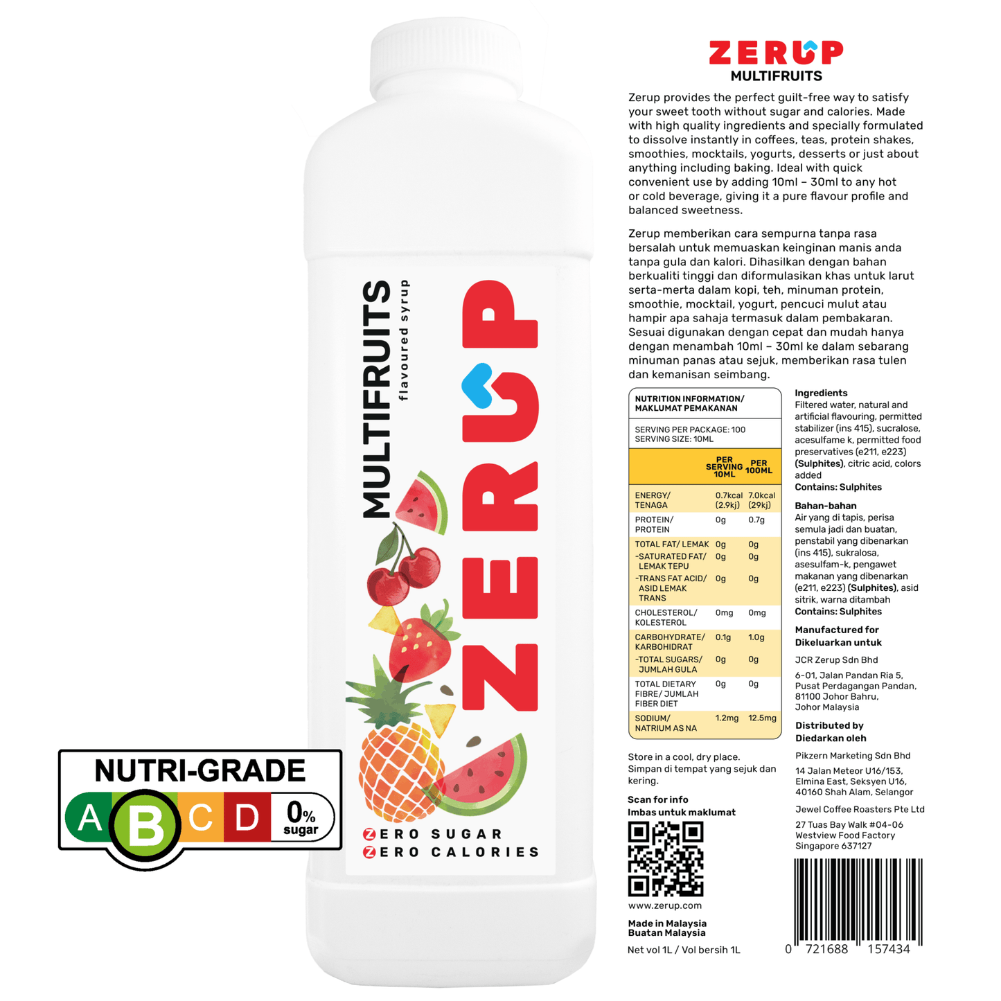 Zerup Zero Sugar Multifruits Syrup 1L - zerup
