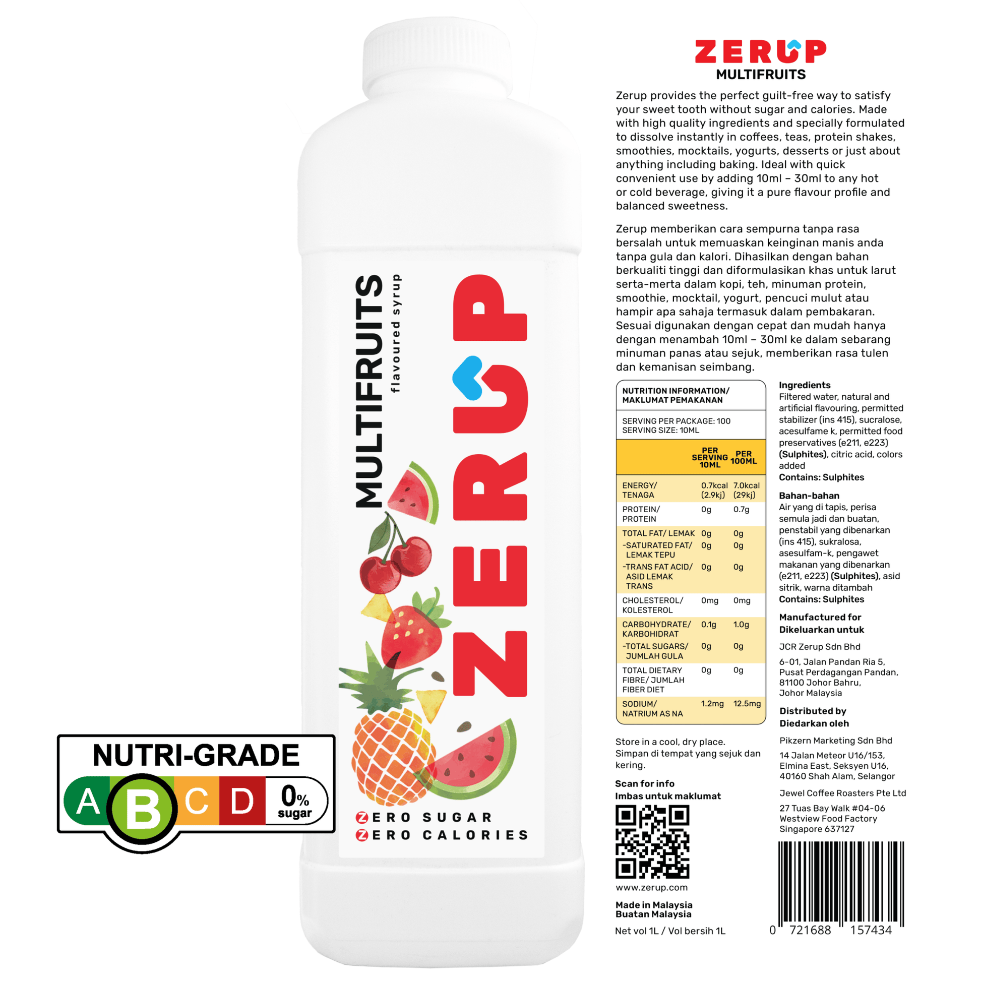 Zerup Zero Sugar Multifruits Syrup 1L - zerup