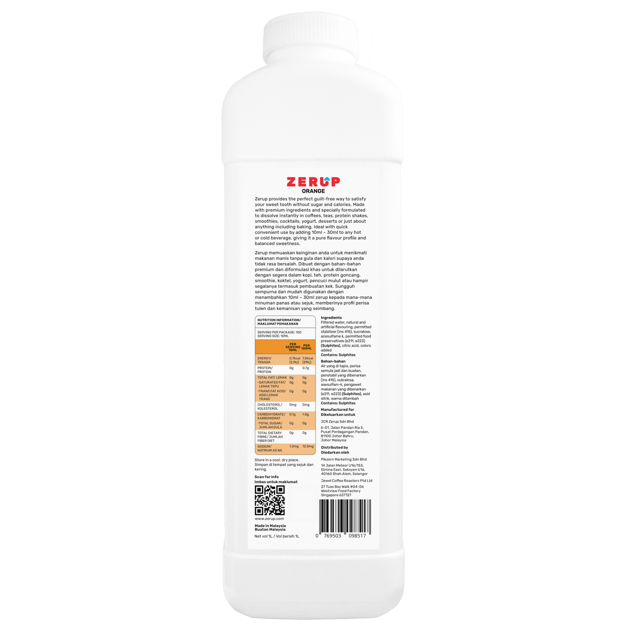 Zerup Zero Sugar Orange Syrup 1L - zerup