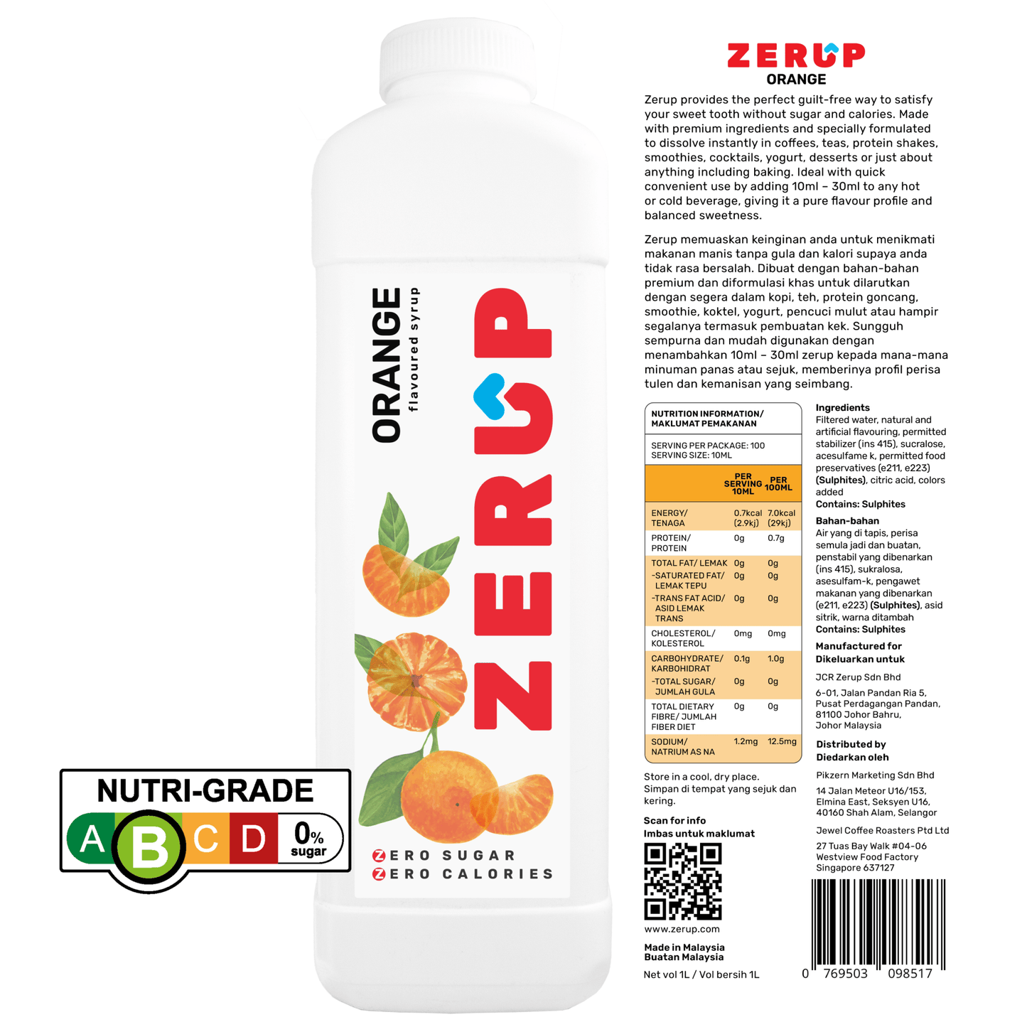 Zerup Zero Sugar Orange Syrup 1L - zerup