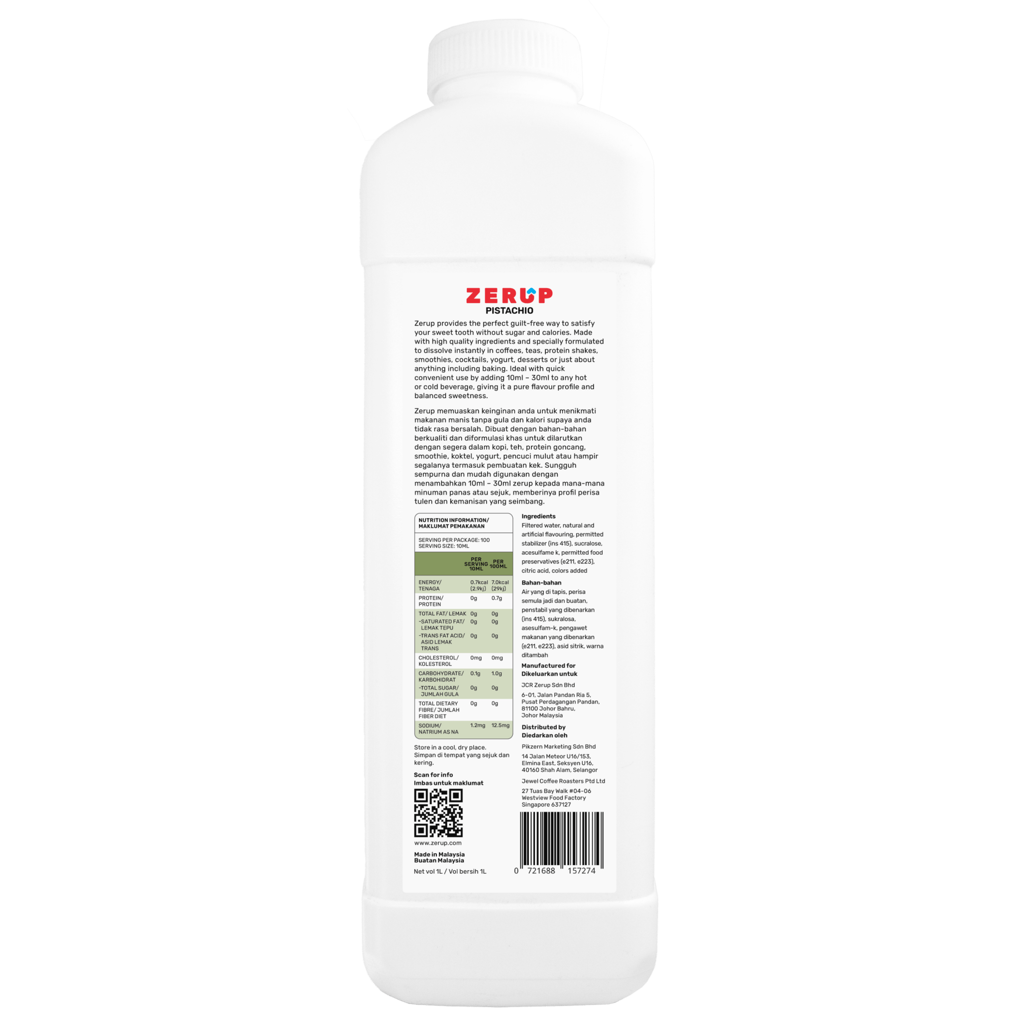 Zerup Zero Sugar Pistachio Syrup 1L - zerup
