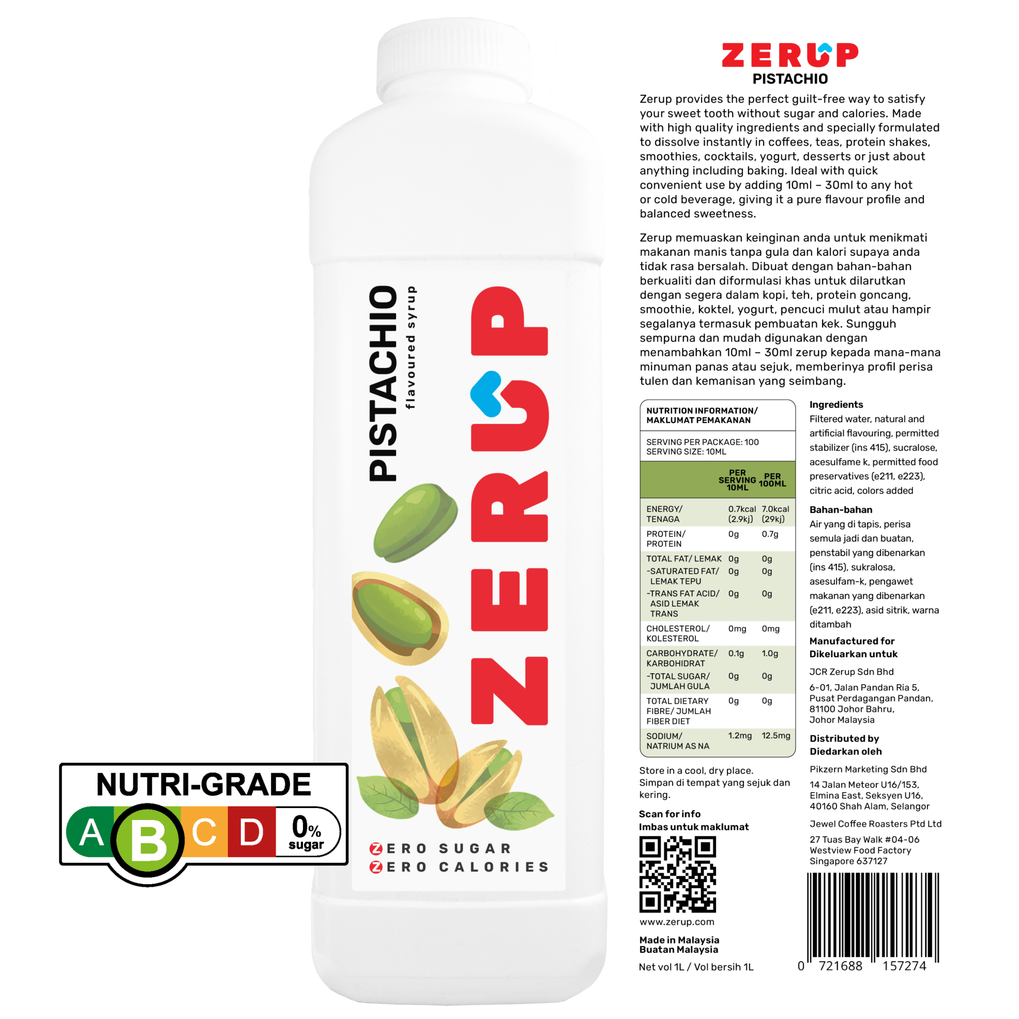 Zerup Zero Sugar Pistachio Syrup 1L - zerup