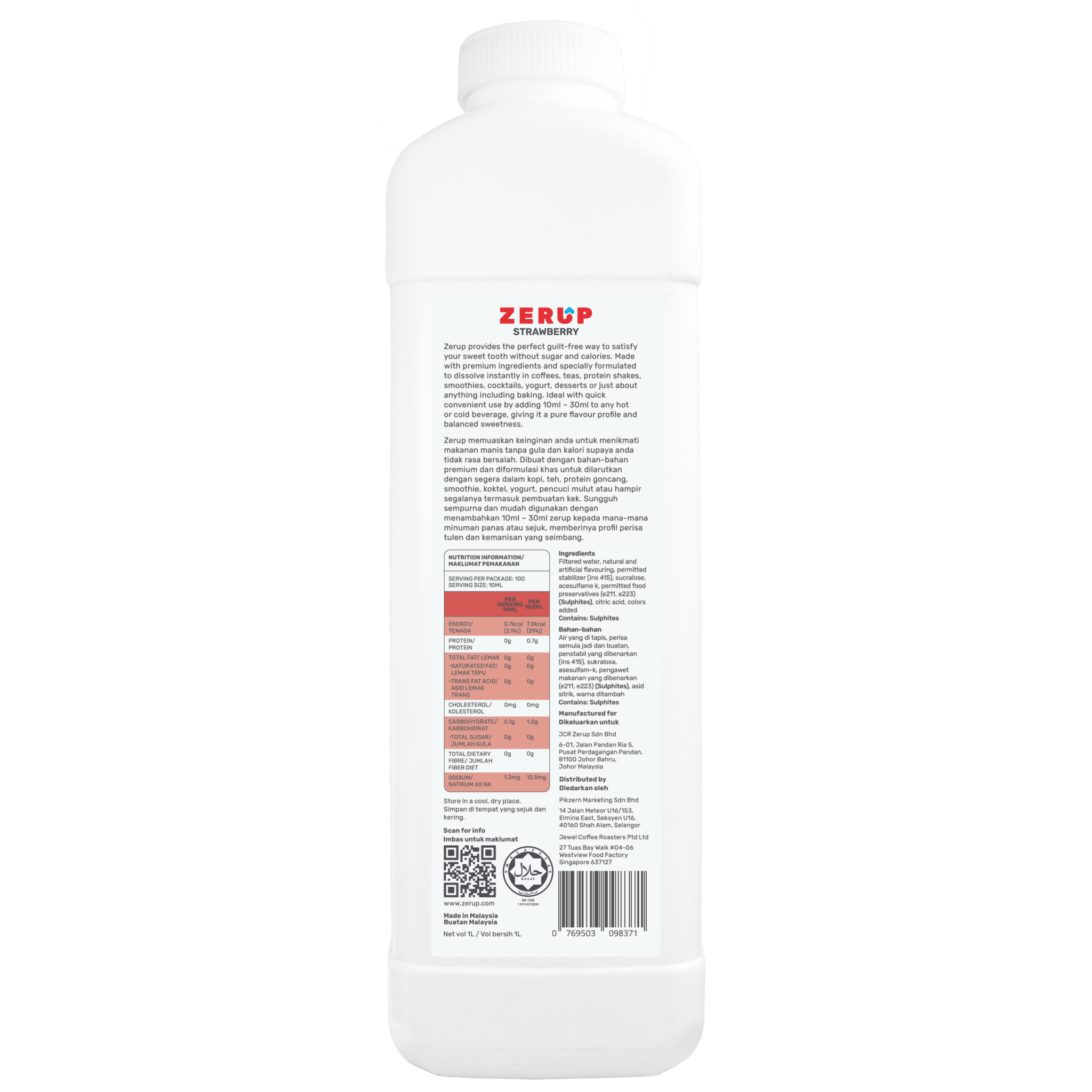 Zerup Zero Sugar Strawberry Syrup 1L - zerup