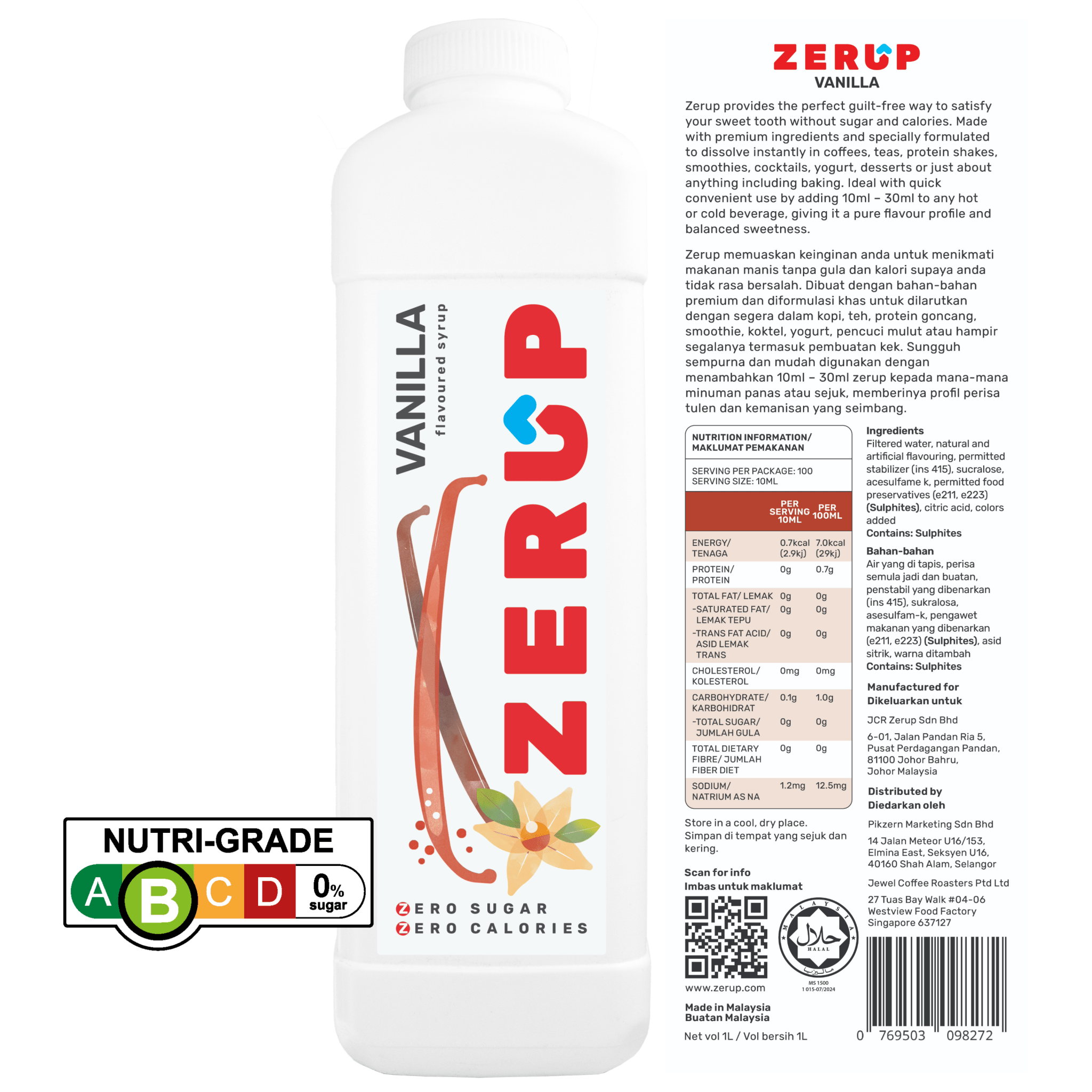 Zerup Zero Sugar Vanilla Syrup 1L - zerup