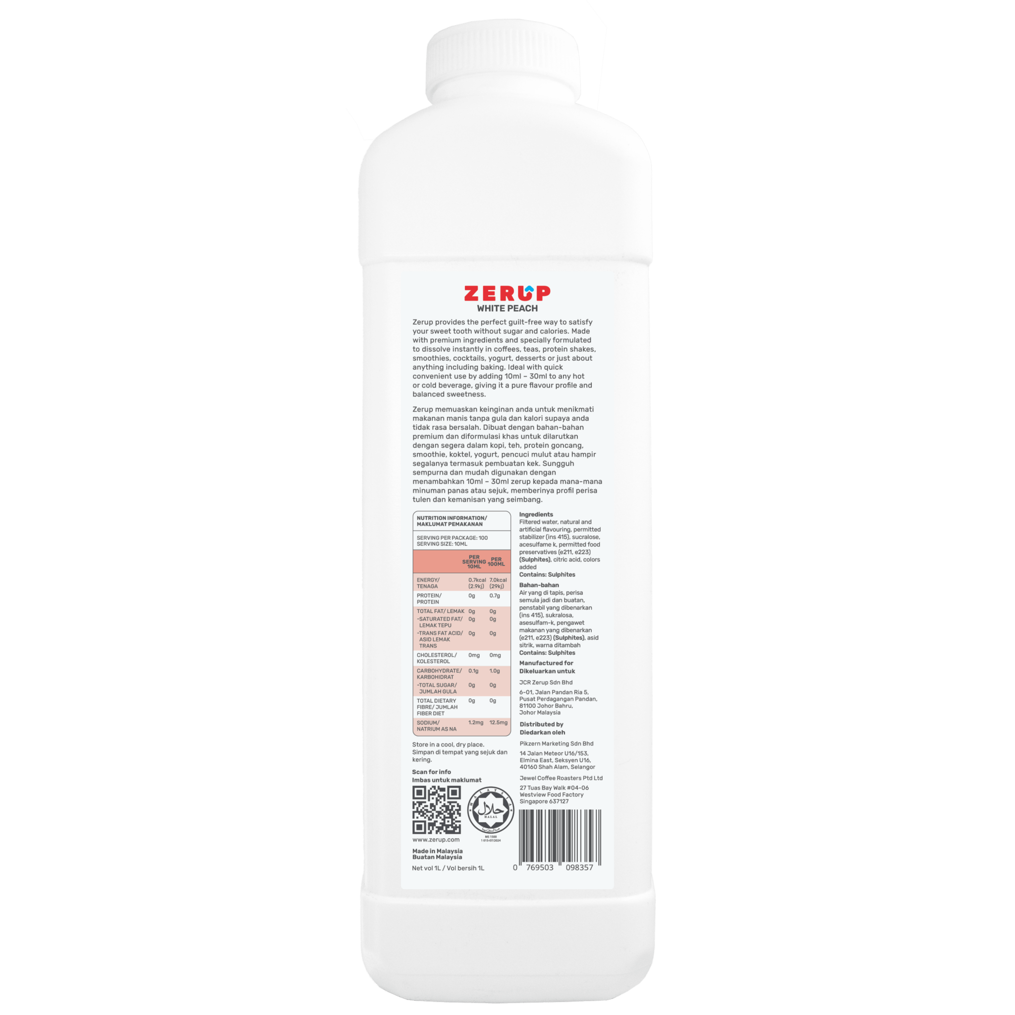 Zerup Zero Sugar White Peach Syrup 1L - zerup